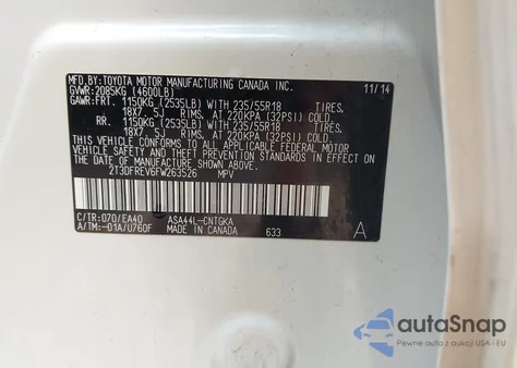 2015 Toyota Rav4 Limited z USA, uszkodzony, nr VIN 2T3DFREV6FW263526